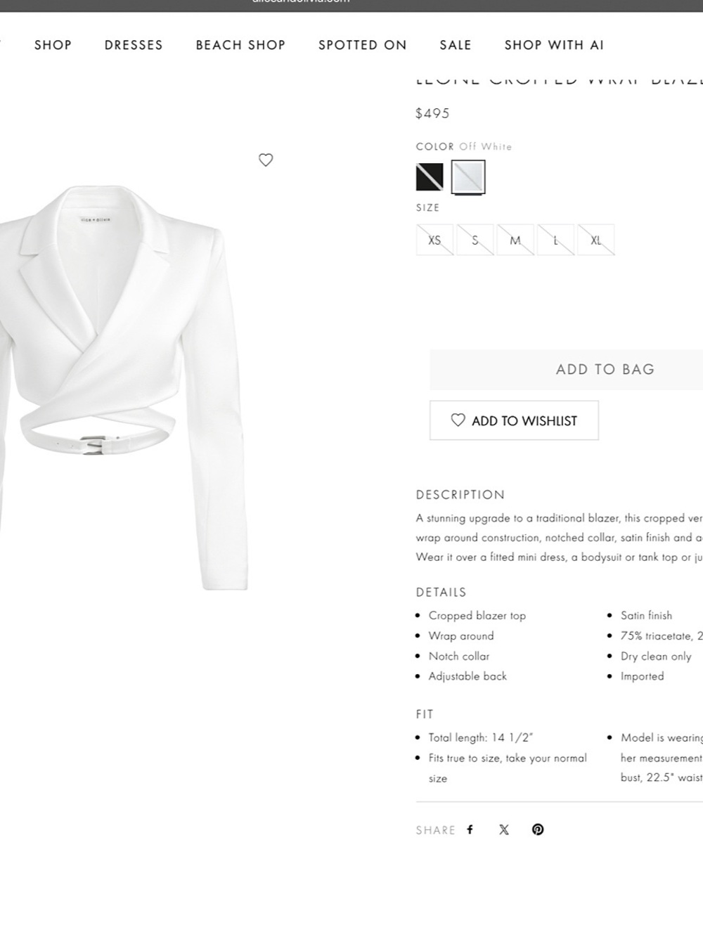 Alice + Olivia Leone Off White Cropped Wrap Belted Buckle Blazer - Picture 3 of 16